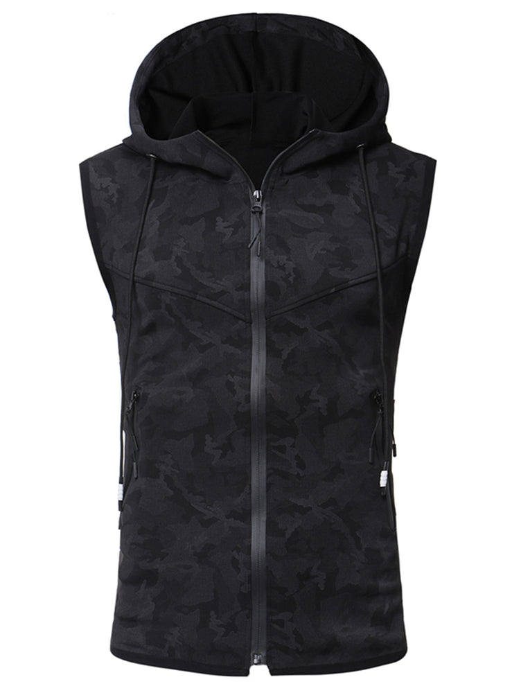 Hooded Camo Print Zip Up Tank Top - unitedstatesgoods