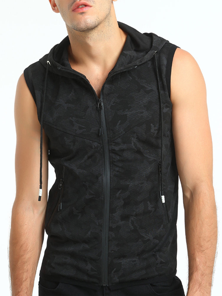 Hooded Camo Print Zip Up Tank Top - unitedstatesgoods