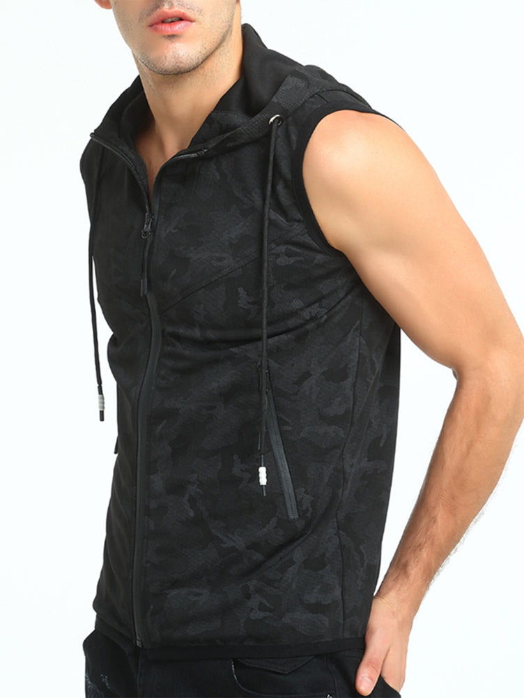 Hooded Camo Print Zip Up Tank Top - unitedstatesgoods