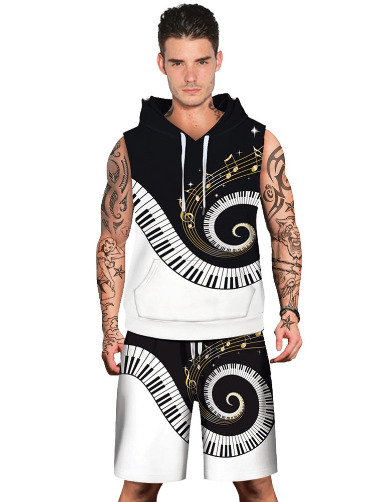 Piano Key Printed Sleeveless Hoodies Tank Top and Shorts - unitedstatesgoods