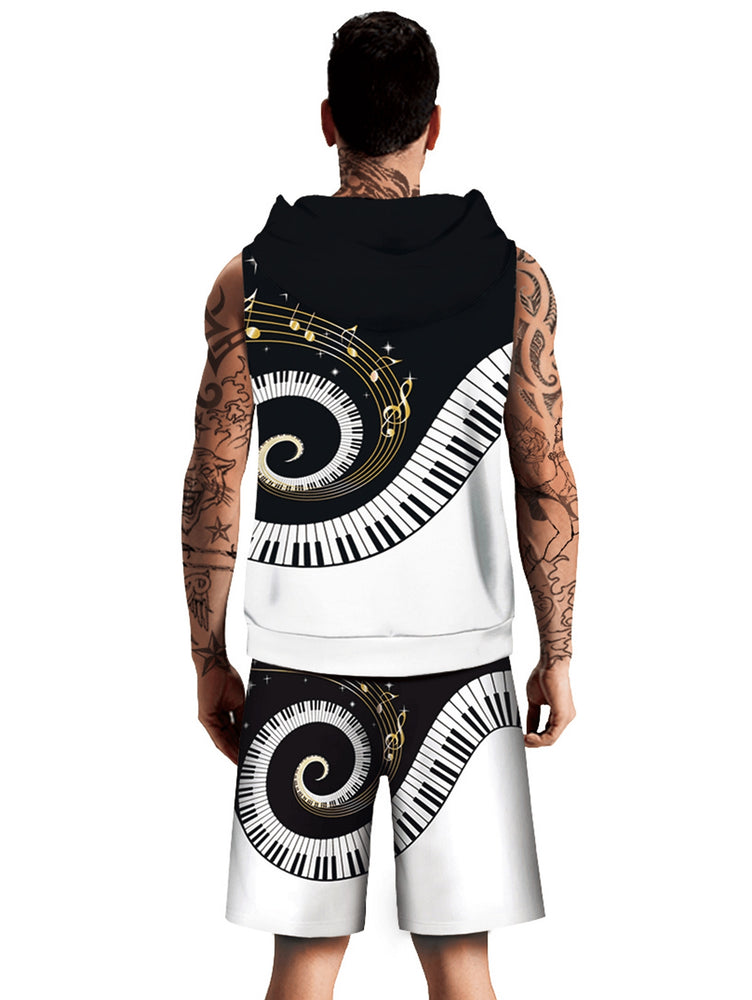 Piano Key Printed Sleeveless Hoodies Tank Top and Shorts - unitedstatesgoods