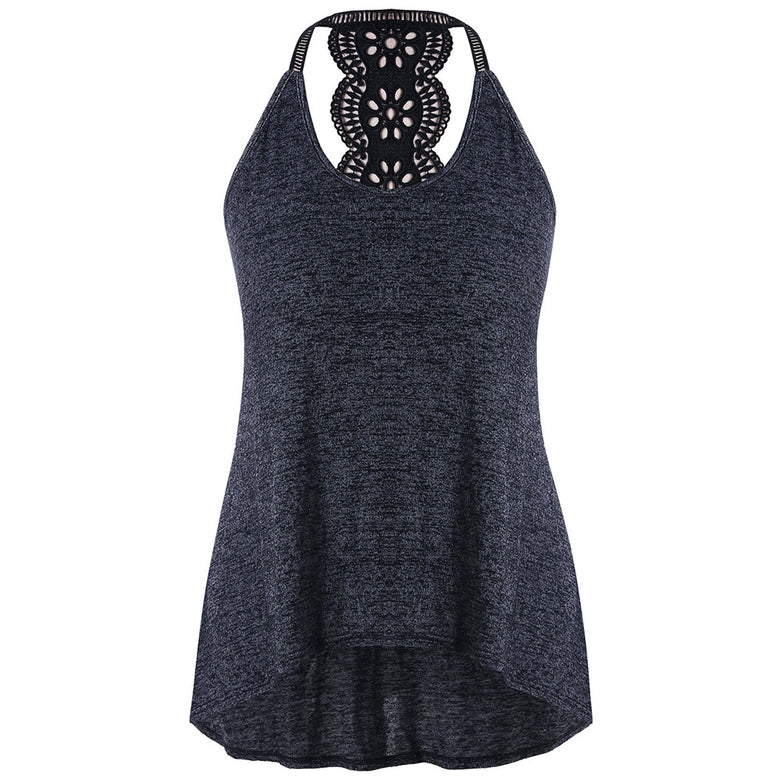 Plus Size Marled Lace Trim Dip Hem Tank Top - unitedstatesgoods