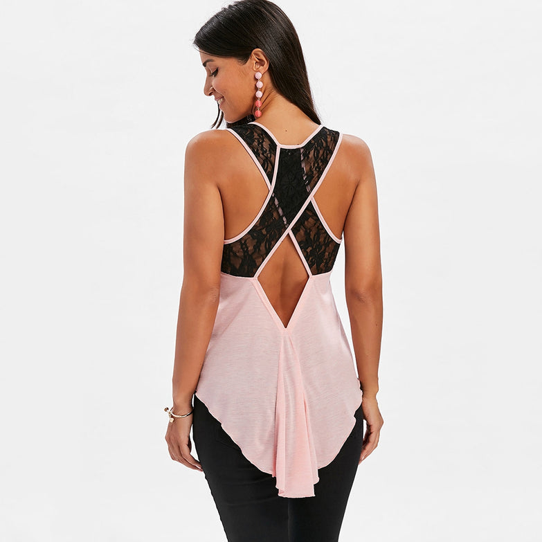 Lace Criss Cross Cut Out Back Tank Top - unitedstatesgoods