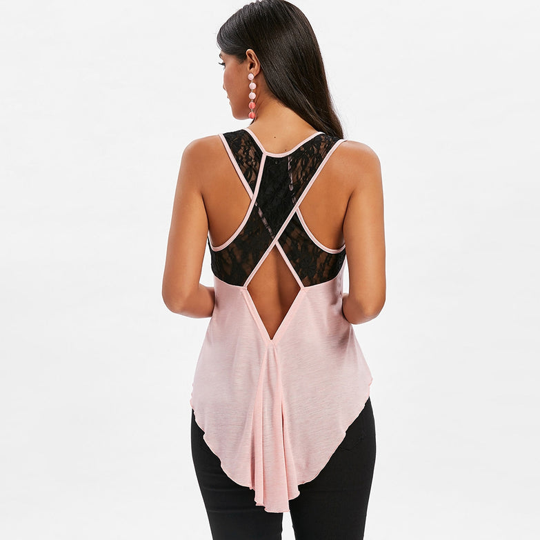 Lace Criss Cross Cut Out Back Tank Top - unitedstatesgoods