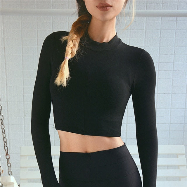 2019 Women Gym Black Yoga Crop Tops Yoga Shirts Long Sleeve Workout Tops Fitness Running Sport T-Shirts Training Yoga Sportswear - unitedstatesgoods