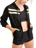 Women's Full Zip Hoodie Windbreaker with Athletic Stripes - unitedstatesgoods