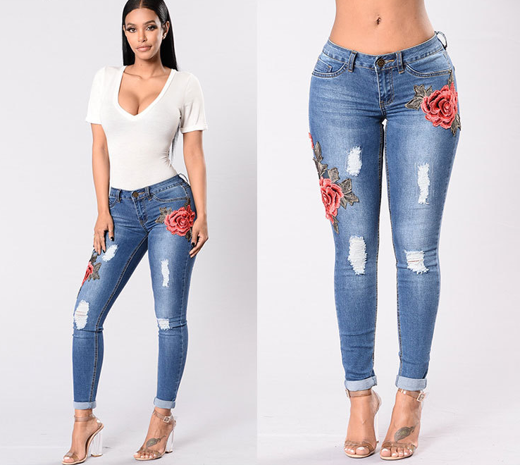 European and American embroidery jeans stretch jeans pants - unitedstatesgoods