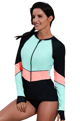 Blue Coral Color Block Zip Down Rashguard Top - unitedstatesgoods
