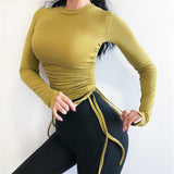 Drawstring Sport Top For Women Gym Skinny Quick Dry Athletic Fitness Clothing Long Sleeve Sports T-Shirts Army Green Yoga Shirts - unitedstatesgoods