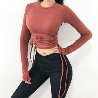 Drawstring Sport Top For Women Gym Skinny Quick Dry Athletic Fitness Clothing Long Sleeve Sports T-Shirts Army Green Yoga Shirts - unitedstatesgoods