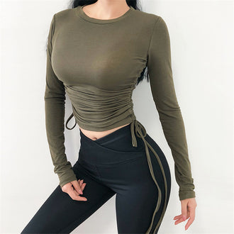 Drawstring Sport Top For Women Gym Skinny Quick Dry Athletic Fitness Clothing Long Sleeve Sports T-Shirts Army Green Yoga Shirts - unitedstatesgoods