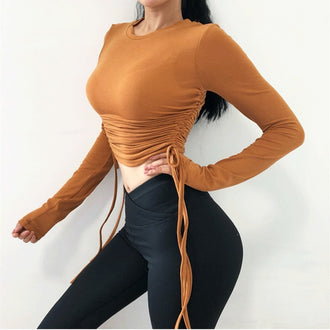 Drawstring Sport Top For Women Gym Skinny Quick Dry Athletic Fitness Clothing Long Sleeve Sports T-Shirts Army Green Yoga Shirts - unitedstatesgoods