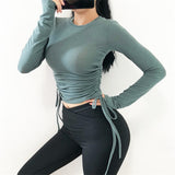 Drawstring Sport Top For Women Gym Skinny Quick Dry Athletic Fitness Clothing Long Sleeve Sports T-Shirts Army Green Yoga Shirts - unitedstatesgoods