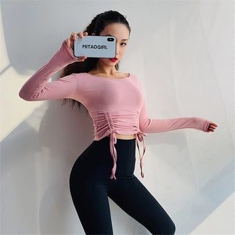 Drawstring Yoga Top Reversible Workout Jersey  Sports Wear For Women Gym Fitness Strap Sport Crop Top Long Sleeve Yoga Shirts - unitedstatesgoods