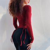 Drawstring Yoga Top Reversible Workout Jersey  Sports Wear For Women Gym Fitness Strap Sport Crop Top Long Sleeve Yoga Shirts - unitedstatesgoods