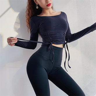 Drawstring Yoga Top Reversible Workout Jersey  Sports Wear For Women Gym Fitness Strap Sport Crop Top Long Sleeve Yoga Shirts - unitedstatesgoods