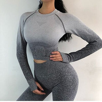Gym's women seamless long-sleeve Crop Top High Stretchy Tumb Hole Workout Shirts Fitness Sports Shirt Sexy Gym Clothes Yoga top - unitedstatesgoods