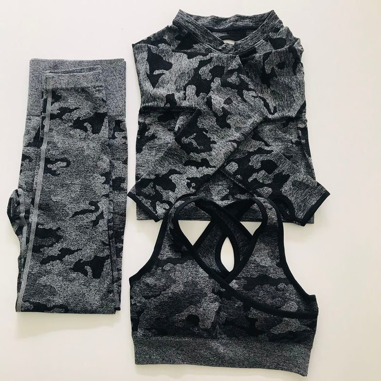 3pcs Women's Suit Camouflage Yoga Set Seamless Crop Top+Leggings Gym Set Fitness Workout Clothes for Women Ropa Deportiva Mujer