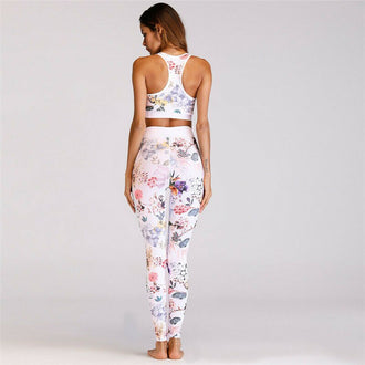 2 PCS Women Casual Gym Fitness Yoga Sport Sleeveless Floral/Leaves Print Skinny Tank Tops+High Waist Skinny Pants Suits Sets