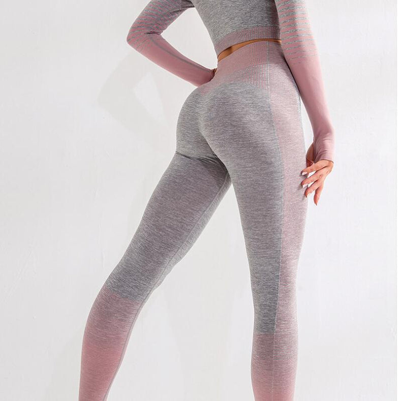 Seamless Women Yoga Set Long Sleeve Top High Waist Belly Control Sport Leggings Gym Clothes Seamless Fitness Stripe Suit Femme