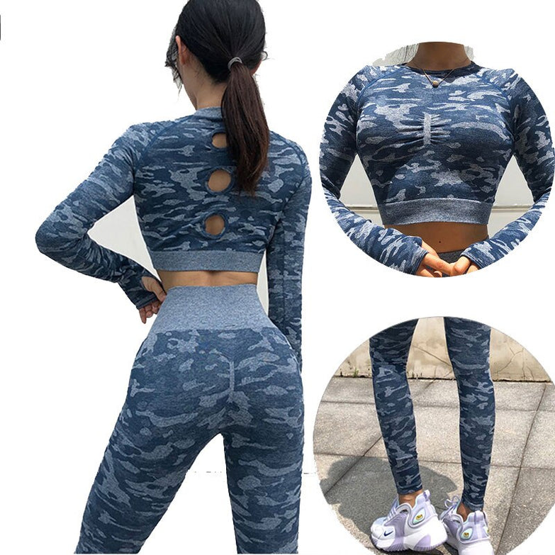 Workout Clothes for Women Camouflage Yoga Set 2 Piece Gym Fitness clothing Long Sleeve Crop Top Legging Pants Running Sport suit