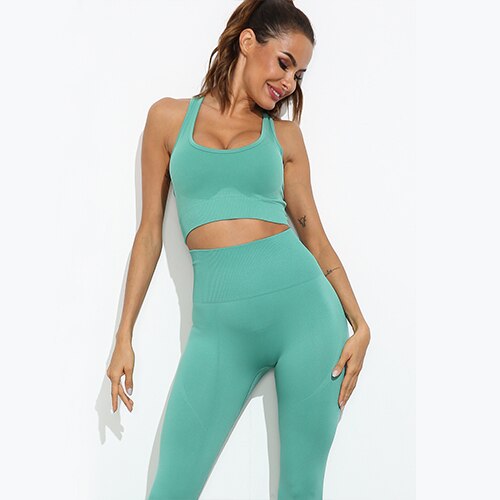 Women Seamless Yoga Set Fitness Sports Suits Gym Clothing Long Sleeve Crop Top Shirts High Waist Running Leggings Workout Pants