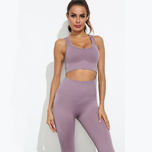 Women Seamless Yoga Set Fitness Sports Suits Gym Clothing Long Sleeve Crop Top Shirts High Waist Running Leggings Workout Pants