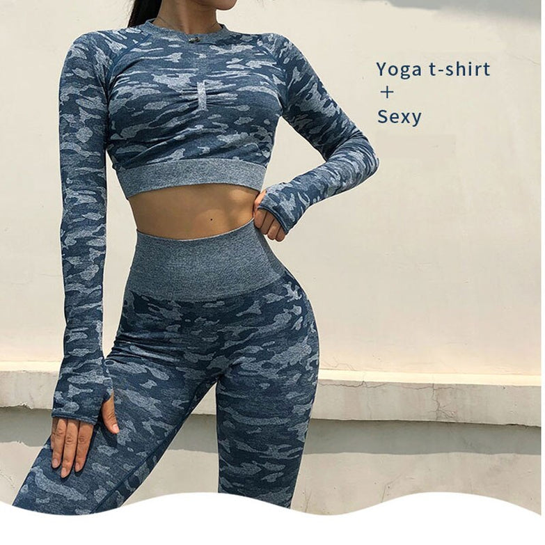 Workout Clothes for Women Camouflage Yoga Set 2 Piece Gym Fitness clothing Long Sleeve Crop Top Legging Pants Running Sport suit