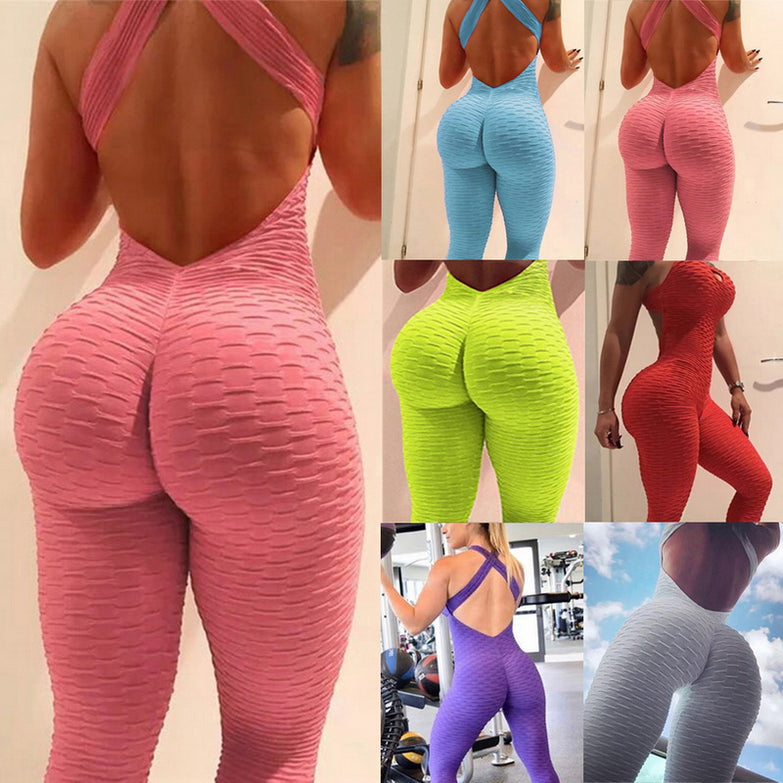 Women Summer Sports Yoga Set Siamese High Waist Hips Trousers Halter Top Backless Bandage Yoga Jumpsuit Fitness Tracksuit