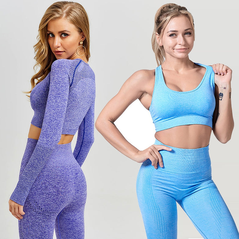 Seamless 2 Piece Women Yoga Set Gym Clothing Fitness Leggings+Cropped Bra Sport Suit Women Long Sleeve Tracksuit Active Wear