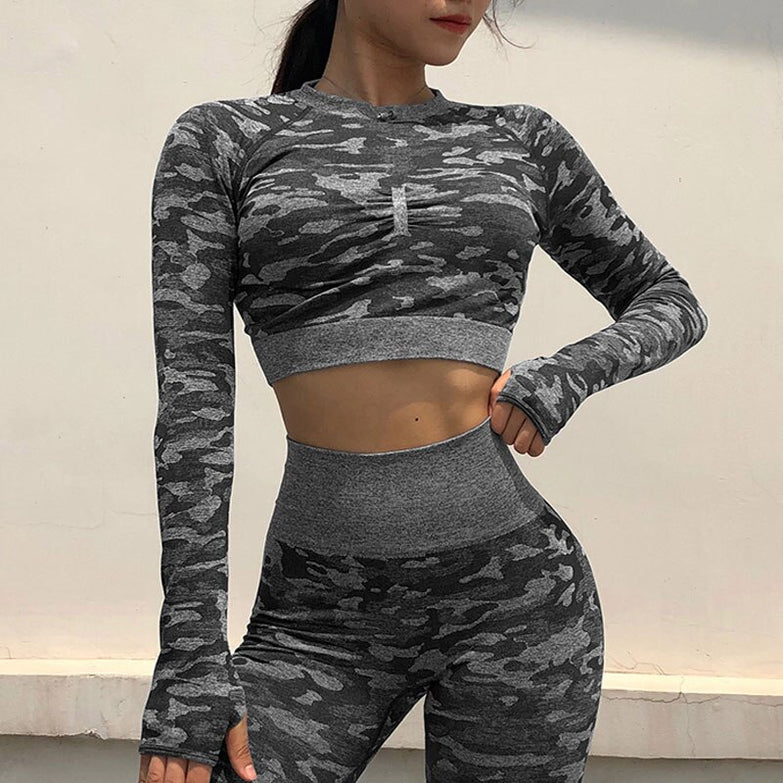 Workout Clothes for Women Camouflage Yoga Set 2 Piece Gym Fitness clothing Long Sleeve Crop Top Legging Pants Running Sport suit