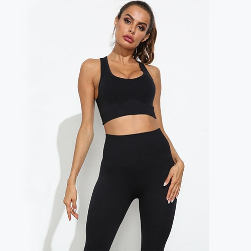 Women Seamless Yoga Set Fitness Sports Suits Gym Clothing Long Sleeve Crop Top Shirts High Waist Running Leggings Workout Pants