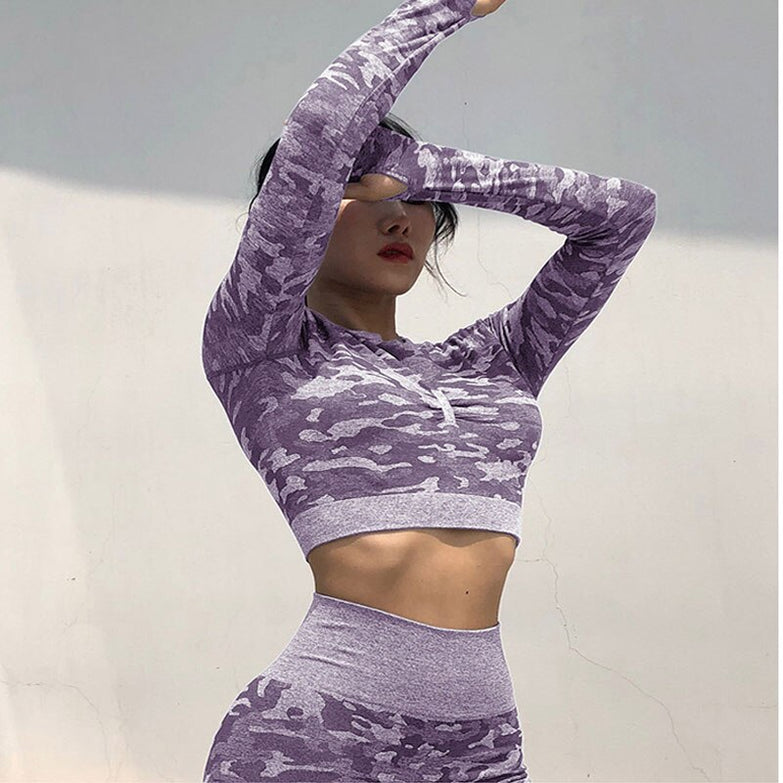 Workout Clothes for Women Camouflage Yoga Set 2 Piece Gym Fitness clothing Long Sleeve Crop Top Legging Pants Running Sport suit