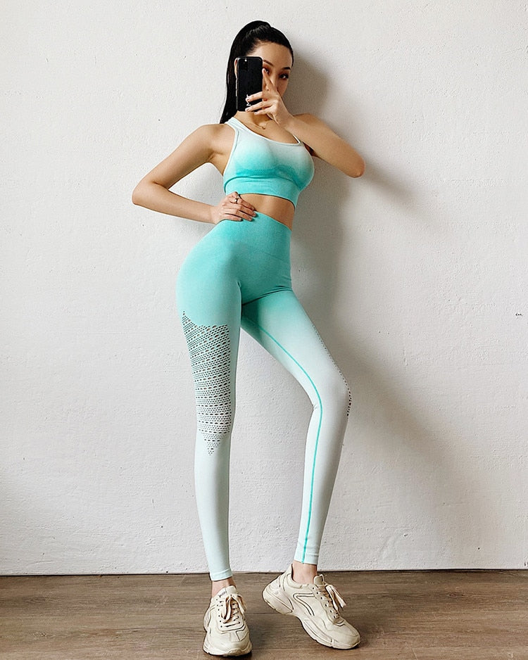 New 2 pieces Ombre Yoga Set Sports Bra Leggings Women Gym Set Clothes Seamless Workout Fitness Sportswear Fitness Sports Suit