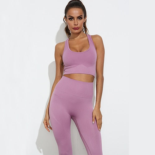 Women Seamless Yoga Set Fitness Sports Suits Gym Clothing Long Sleeve Crop Top Shirts High Waist Running Leggings Workout Pants