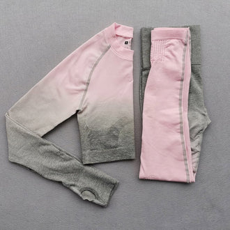 Women Yoga Set Gym Clothing Ombre Seamless Gradient Leggings+Long sleeve Top Workout Sport Suit Women Fitness Set Active Wear