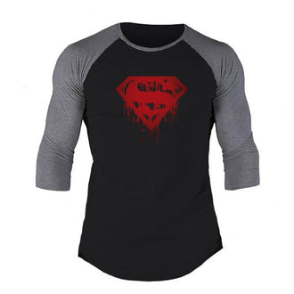Muscleguys Spring Men T-shirts Plus Size 2XL 3/4 Sleeve Patchwork T Shirt Casual O-Neck Superman Tshirt Elastic Hip Hop Tops - unitedstatesgoods