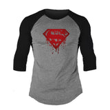 Muscleguys Spring Men T-shirts Plus Size 2XL 3/4 Sleeve Patchwork T Shirt Casual O-Neck Superman Tshirt Elastic Hip Hop Tops - unitedstatesgoods