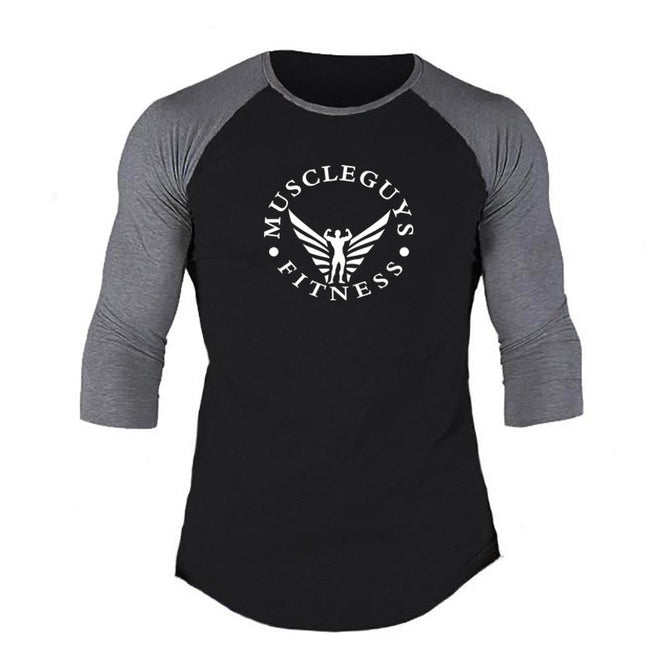 Muscleguys 3/4 Sleeve T-shirt Men Spring Autumn Casual Patchwork T Shirts Male Slim Fit Tops Fitness Raglan Tees Plus Size - unitedstatesgoods