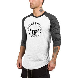 Muscleguys 3/4 Sleeve T-shirt Men Spring Autumn Casual Patchwork T Shirts Male Slim Fit Tops Fitness Raglan Tees Plus Size - unitedstatesgoods