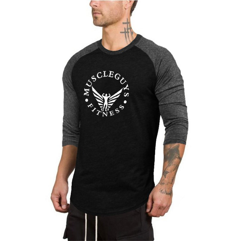 Muscleguys 3/4 Sleeve T-shirt Men Spring Autumn Casual Patchwork T Shirts Male Slim Fit Tops Fitness Raglan Tees Plus Size - unitedstatesgoods