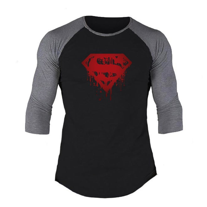 Muscleguys Spring Men T-shirts Plus Size 2XL 3/4 Sleeve Patchwork T Shirt Casual O-Neck Superman Tshirt Elastic Hip Hop Tops - unitedstatesgoods