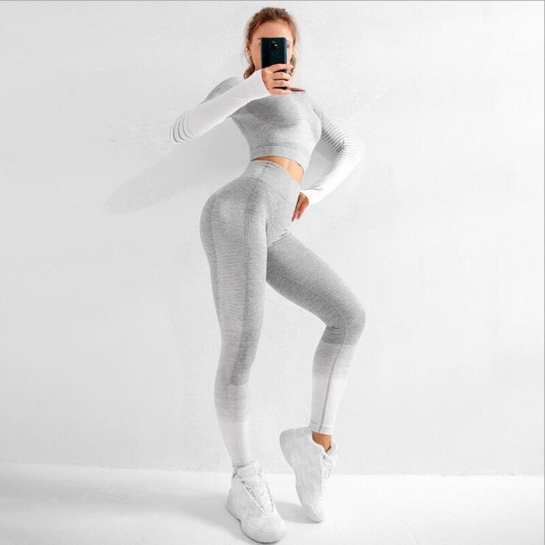 Seamless Women Yoga Set Long Sleeve Top High Waist Belly Control Sport Leggings Gym Clothes Seamless Fitness Stripe Suit Femme