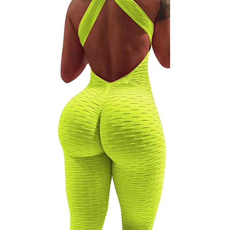 Women Summer Sports Yoga Set Siamese High Waist Hips Trousers Halter Top Backless Bandage Yoga Jumpsuit Fitness Tracksuit