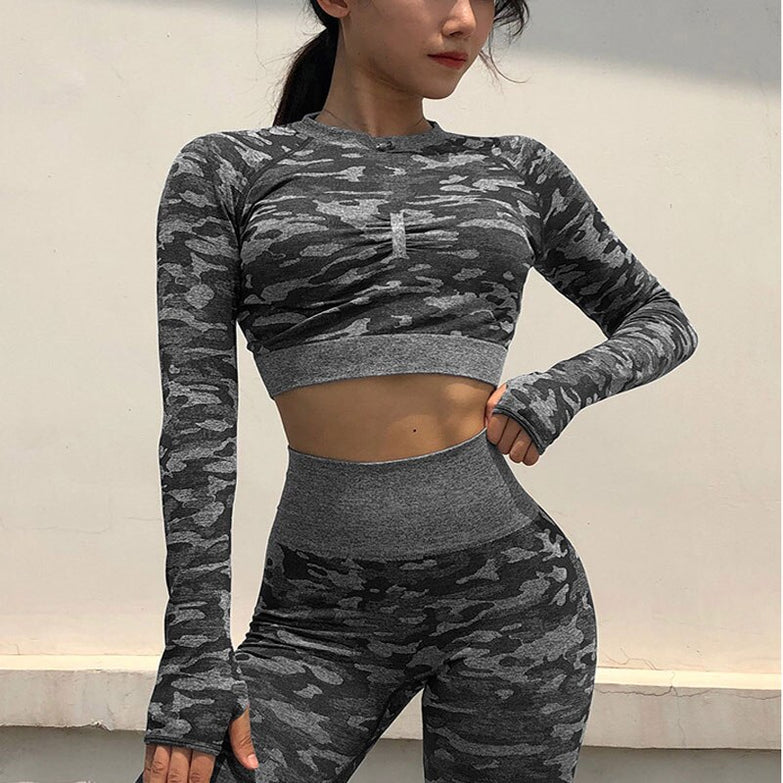 Workout Clothes for Women Camouflage Yoga Set 2 Piece Gym Fitness clothing Long Sleeve Crop Top Legging Pants Running Sport suit