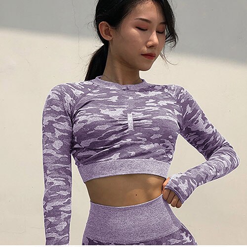 Workout Clothes for Women Camouflage Yoga Set 2 Piece Gym Fitness clothing Long Sleeve Crop Top Legging Pants Running Sport suit