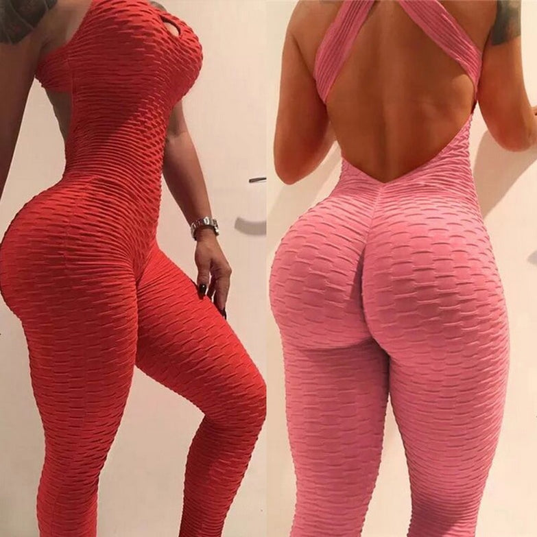 Women Summer Sports Yoga Set Siamese High Waist Hips Trousers Halter Top Backless Bandage Yoga Jumpsuit Fitness Tracksuit