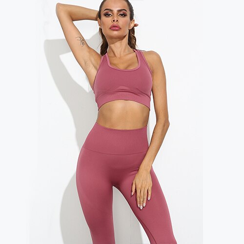 Women Seamless Yoga Set Fitness Sports Suits Gym Clothing Long Sleeve Crop Top Shirts High Waist Running Leggings Workout Pants