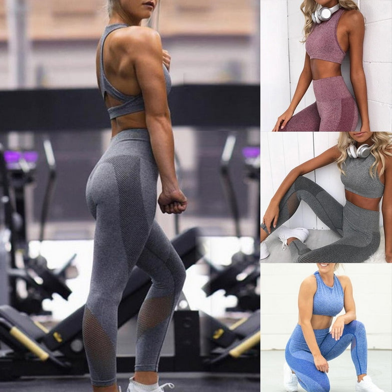 Sexy Women Tracksuit Seamless Yoga Set Fitness Sportswear High Waist Gym Leggings Push Up Crop Top Bra Solid Workout Clothes