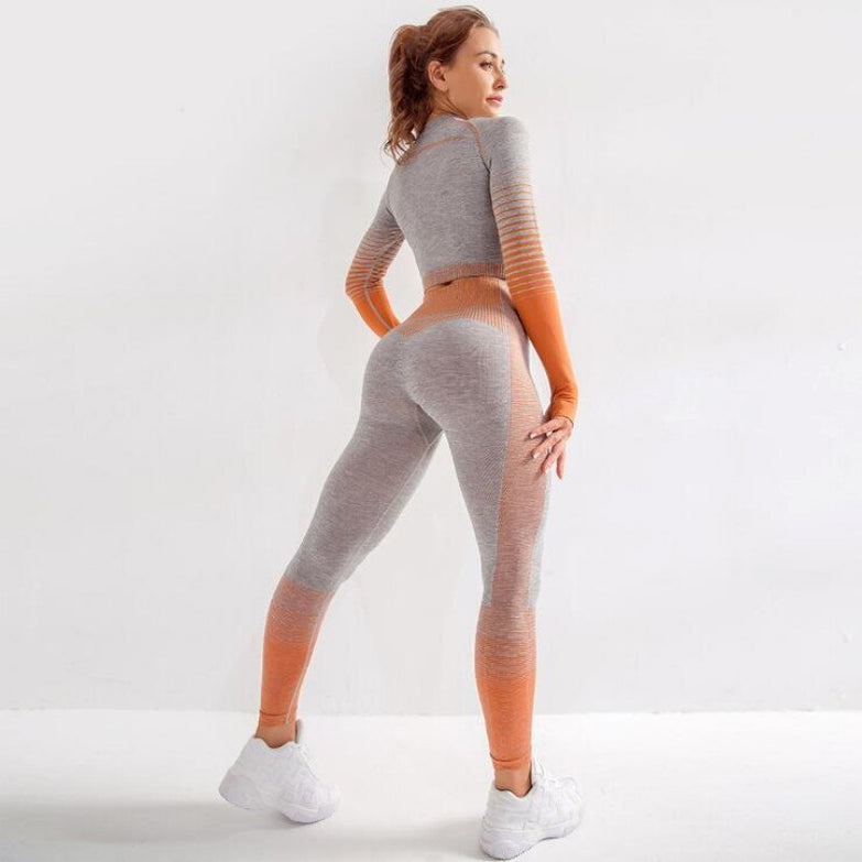 Seamless Women Yoga Set Long Sleeve Top High Waist Belly Control Sport Leggings Gym Clothes Seamless Fitness Stripe Suit Femme